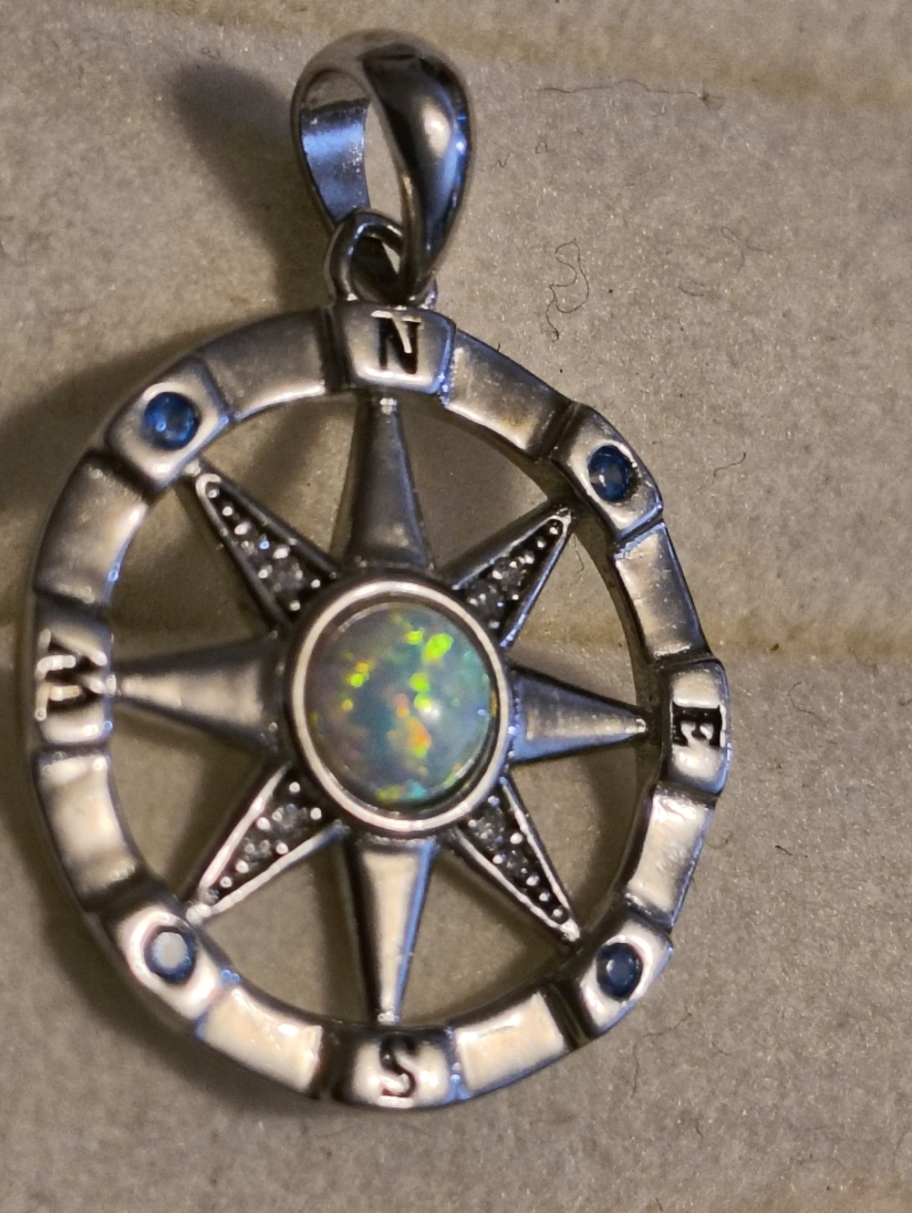 Sterling Silver Opal And Cz Compass Pendant Signed